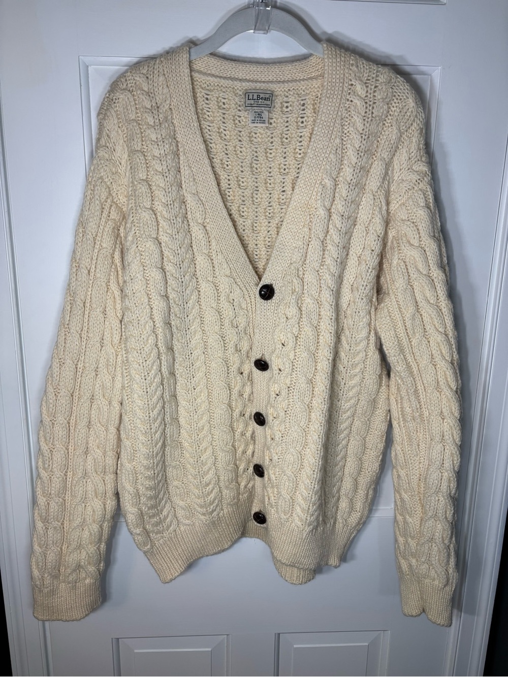 L.L. Bean Large Cream Cable-Knit Button Front Women's Wool Cardigan Sweater